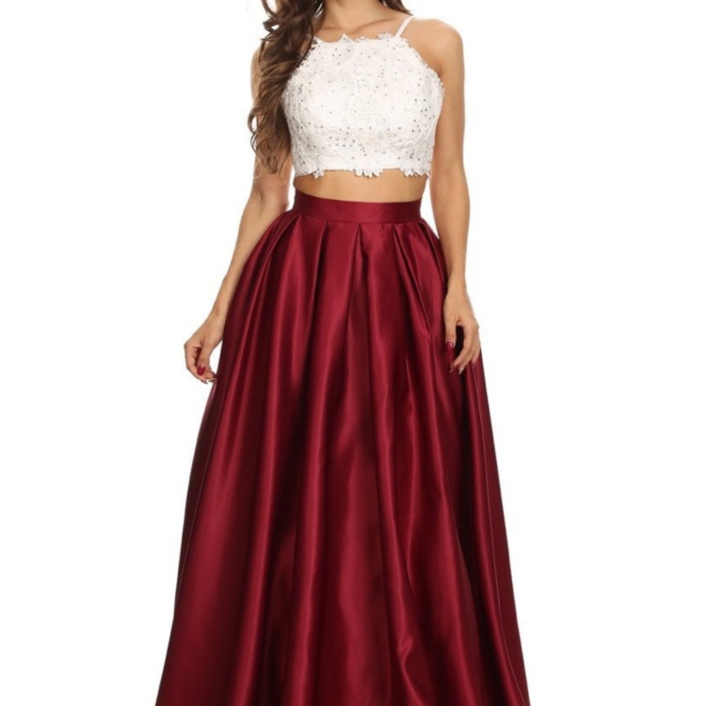 maroon and white two piece prom dress